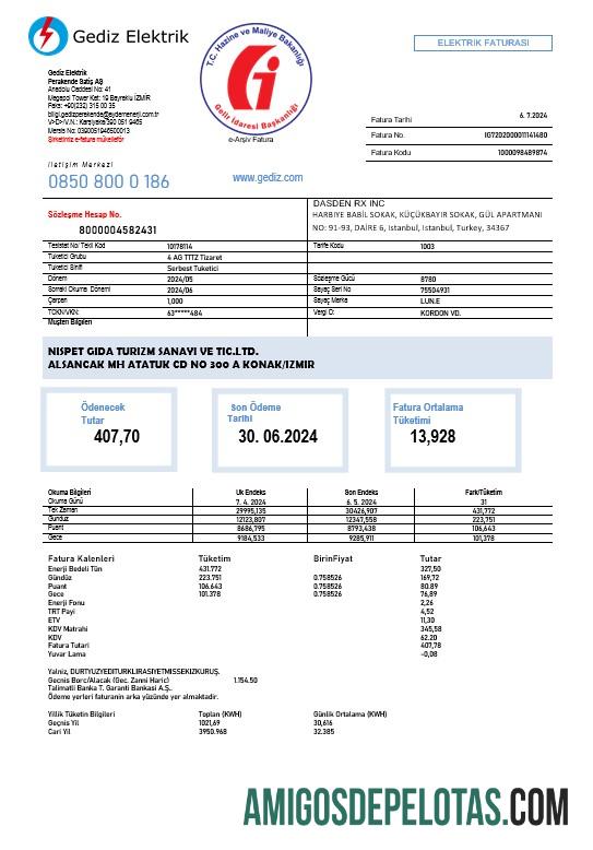 realista Modelo de fatura de serviços públicos da Turquia Gediz Elektrik em formatos Word e PDF, totalmente editável